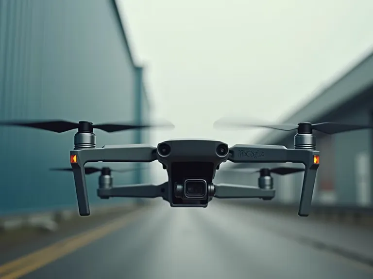 Eye-level view of a drone inspecting a large industrial facility
