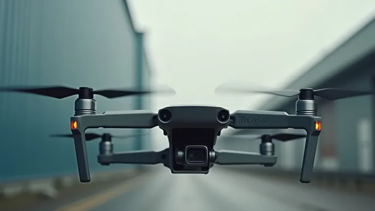 Eye-level view of a drone inspecting a large industrial facility
