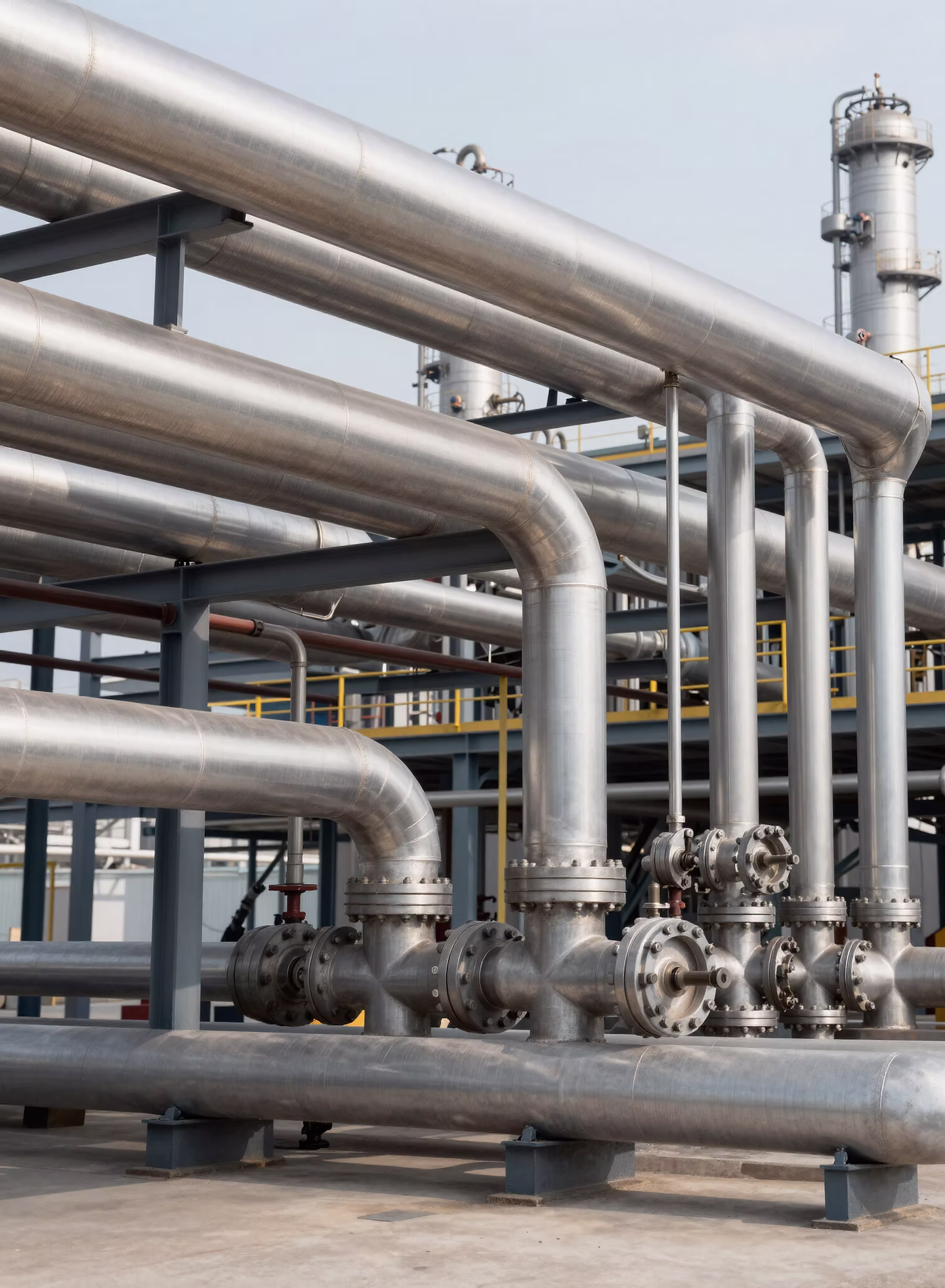 Industrial piping and pressure vessels at a refinery facility